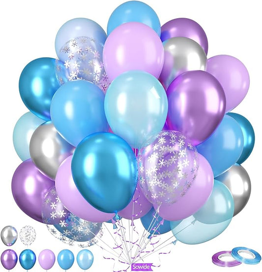 Winter Birthday Balloons, 50Pcs 12 Inches Metallic Purple Blue Silver Snowflake Balloons for Girls Winter Theme Birthday Snow Theme Party Baby Shower Party Decorations