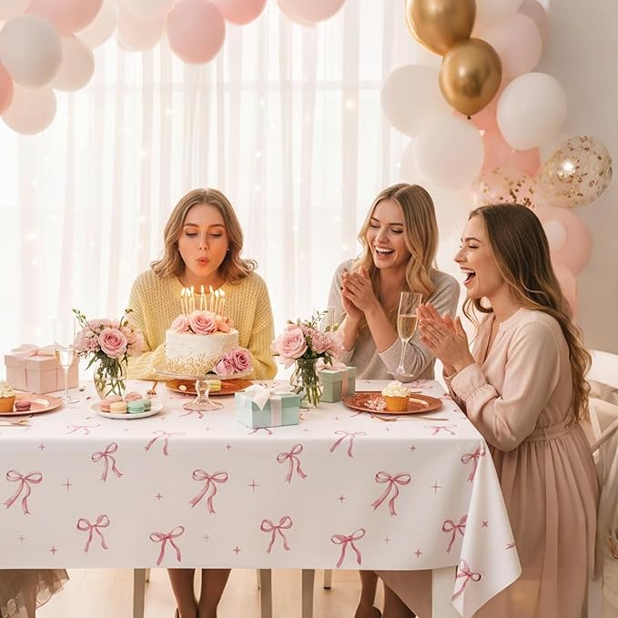 Oigco 2 Pcs Pink Bow Tablecloth, Coquette Birthday Decorations, Bow Plastic Table Cover for Girls Bridal Wedding Pink Bow Birthday Decorations, 54x108 Inch