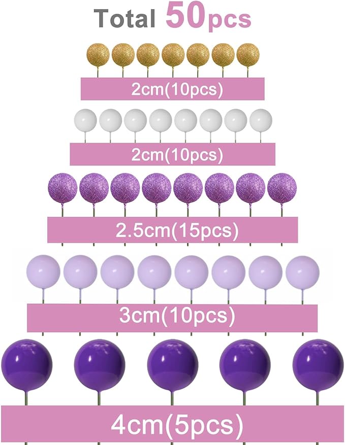 ASTARON 50 Pcs Ball Cake Topper Sticks Mini Balloons for Cake Decorating Supplies Foam Balls Cake decorations for Baby Shower Cake Birthday Cake Toppers Decorations (Purple Series)