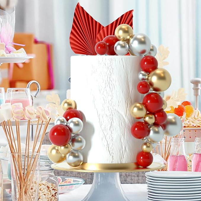 NEBURORA 64 Pcs Balls Cake Toppers and Leaves Decoration Set Mini Balloons for Cake Decorating Supplies Balls Cake decorations for Baby Shower Cake Toppers Birthday Cake Decorations(Red Gold)