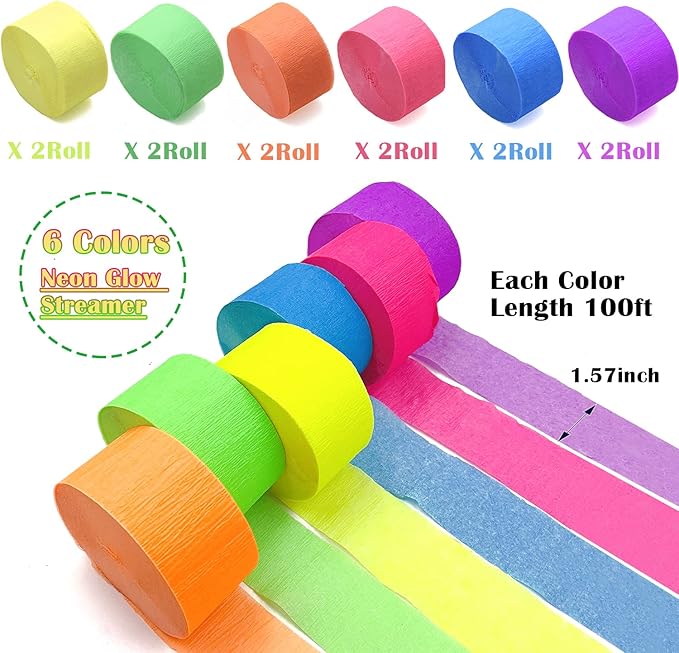 1200 feet Glow Crepe Paper Streamers UV Glow Party Neon Streamer Black Light Reactive Fluorescent Neon Paper Party Streamers Glow in The Dark Wedding Birthday Blacklight Party Decorations