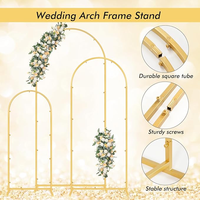 Wedding Arch Backdrop Stand Set of 3, (4, 5, 6) Metal Arch Backdrop Stand with Wedding Arch Cover, Wedding Balloon Arch Backdrop Stand for Birthday, Baby Shower, Anniversary
