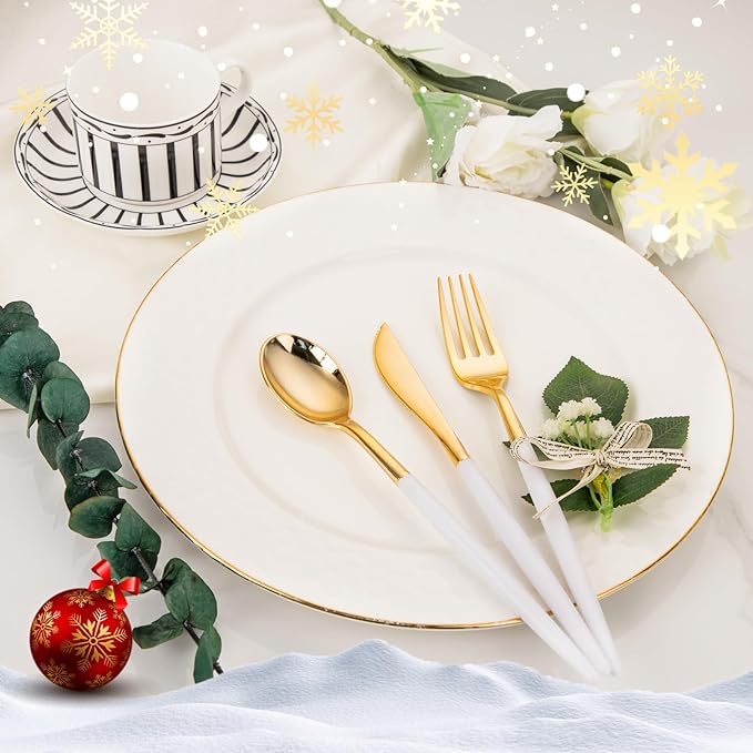 I00000 60 Pcs Gold Plastic Silverware - Heavy Duty Plastic Cutlery -Party Disposable Silverware Set，Disposable Cutlery Set Includes 20 Forks, 20 Knives, 20 Spoons Perfect for Wedding