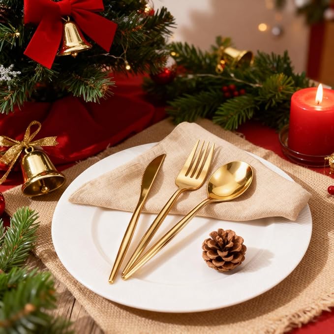 Rubtlamp 90Pcs Christmas Gold Plastic Silverware, Gold Disposable Christmas Utensils, Plastic Cutlery Include 30 Plastic Knives, 60 Forks and Spoons, Fancy Plastic Silverware Heavy Duty for Party