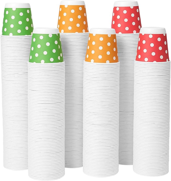 Tamone 600 Pack 3 oz Paper Cups, Small Bathroom Cups, Disposable Cups, Mini Paper Cups Dot Design, Red, Green, Yellow Mouthwash Cups for Party, Picnic, BBQ, Travel, Home and Event