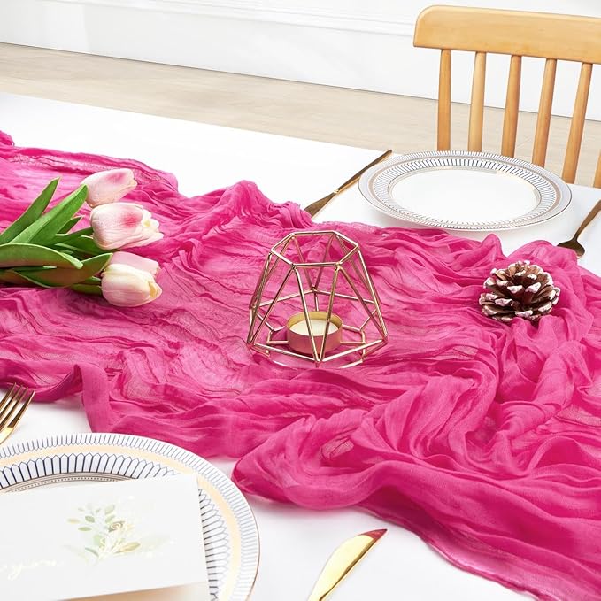 FEXIA 3 Pack Rose Red Table Runner 35x120 Inches for Baby Shower Decoration Gauze Rustic Table Runner for Wedding Party First Communion Centerpiece Engagement Bridal Shower Boho Decoration