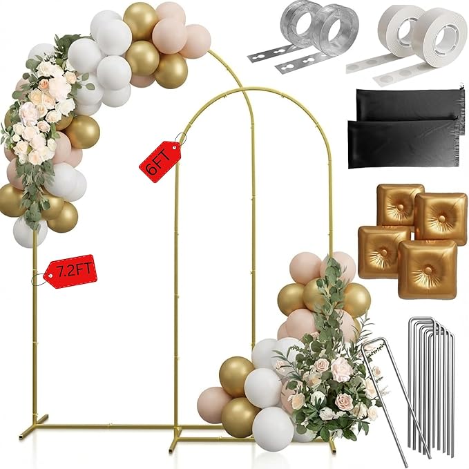 STELA & VINE 2 Pack Metal Arch Backdrop Stand Set (7.2FT & 6FT) – Gold Anti-Rust Arched Frame Kit with Water Bags, Carry Bags & Balloon Dot Glue for Weddings, Parties, Baby Showers & Photo Deco
