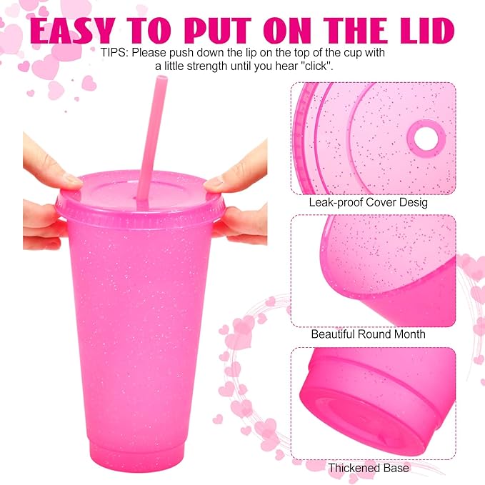 Honeydak 60 Pack Tumbler with Straw and Lid Bulk Glitter Plastic Cups Water Bottle Iced Coffee Travel Mug Reusable Party Favor Cups for Birthdays travel 24-27 oz (Hot Pink)