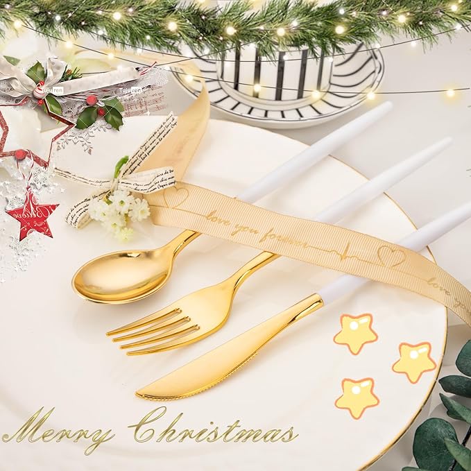 I00000 60 Pcs Gold Plastic Silverware - Heavy Duty Plastic Cutlery -Party Disposable Silverware Set，Disposable Cutlery Set Includes 20 Forks, 20 Knives, 20 Spoons Perfect for Wedding