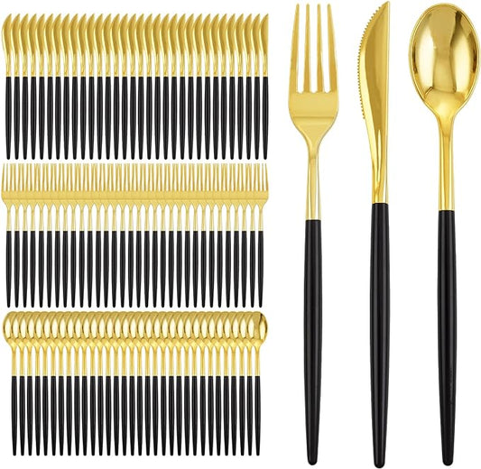 I00000 300Pcs Black Plastic Silverware, Happy New Year Gold Disposable Silverware, Black and Gold Plastic Utensils Include 100 Forks 100 Knives 100 Spoons,Disposable Cutlery for Wedding