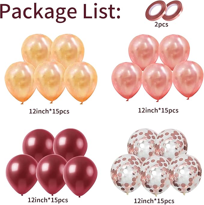 Balloons Burgundy Rose Gold, 60 Packs 12 Inches Wine Red Champagne Latex Balloon Rose Gold Confetti Balloons for Women Girls Birthday Wedding Bridal Shower Party Anniversary Decoration