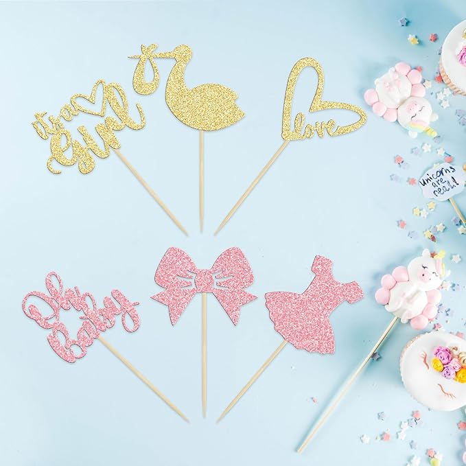 Gyufise 36 Pack Oh Baby Cupcake Toppers It's a Girl Cupcake Toppers with Bow Dress Love Heart Glitter Cake Picks Decorations for Baby Shower Girl Birthday Party Supplies