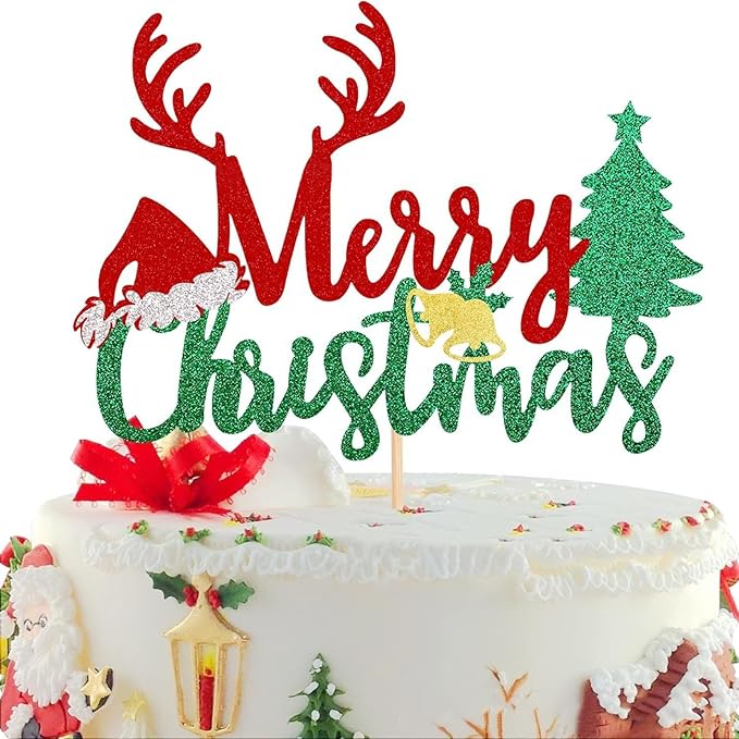 1Pcs Merry Christmas Cake Topper Glitter Xmas Tree Santa Hat Reindeer Christmas Cake Decoration for New Years Eve Xmas Holiday Birthday Party Supplies
