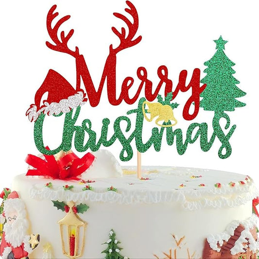 1Pcs Merry Christmas Cake Topper Glitter Xmas Tree Santa Hat Reindeer Christmas Cake Decoration for New Years Eve Xmas Holiday Birthday Party Supplies