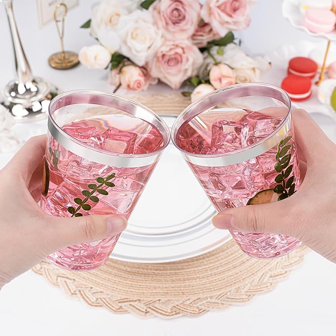 BESTVIP 12oz Silver Plastic Cups, 100 Pack Silver Rimmed Disposable Cups, Heavy-duty Party Cocktail Glasses for Christmas, Plastic Cups for Party, Holiday, Wedding and Birthday