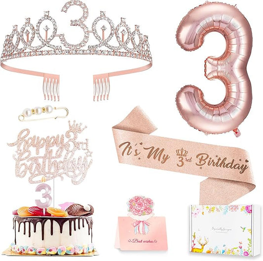 3rd Birthday Decorations for Girls, Including 3 year old Birthday Cake Topper, Queen Sash with Pearl Pin, Sweet Rhinestone Tiara Crown, Number Candles and Balloons Set, Rose Gold