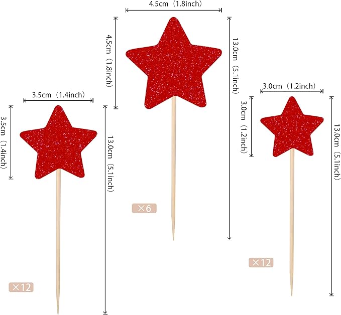30 PCS Star Cupcake Toppers Glitter Mixed Size Twinkle Little Star Cupcake Picks Decorations for Wedding Anniversary Baby Shower Birthday Party Supplies Red