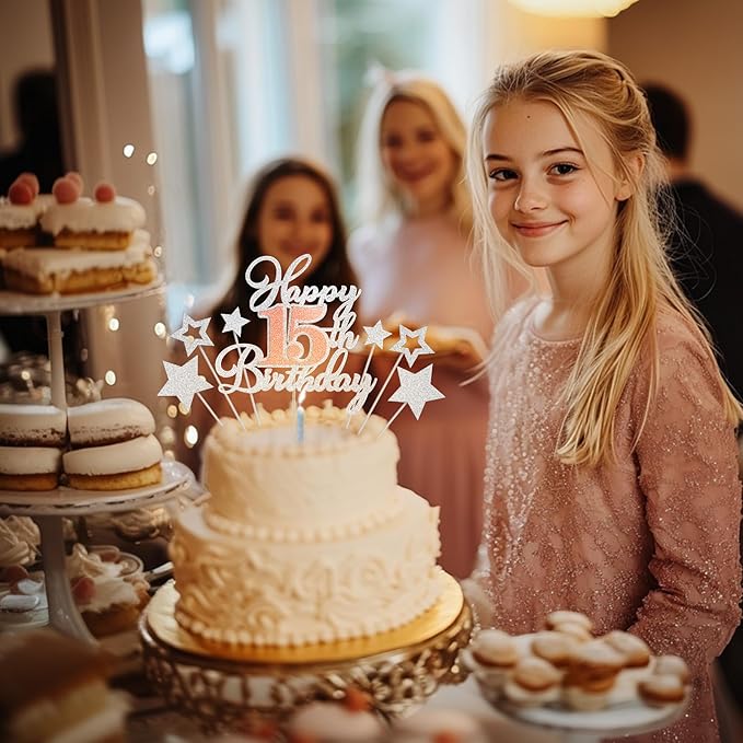 Happy 15th Birthday Cake Toppers, Rose Gold Silver Glitter Cake Decorations Set, 15th Birthday Decor, Birthday Anniversary Party Decorations Supplies