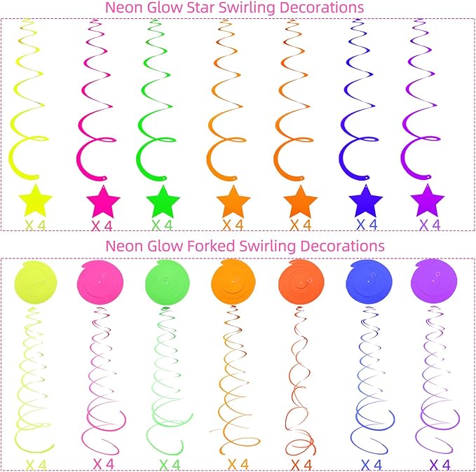 56 Pieces UV Hanging Swirls Decorations Paper Neon Streamer for Ceiling Star Neon Garlands Black Light Neon Decorations for Dark Glow Party Supplies and Decorations Birthday Neon Party Favors