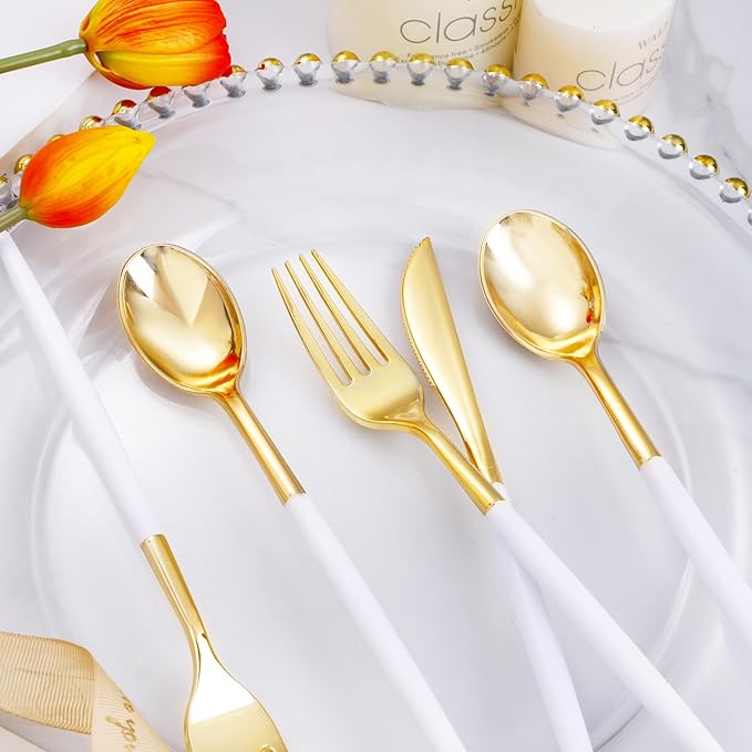 I00000 300 Pcs Gold Plastic Silverware - Gold Disposable Silverware - Premium White Cutlery Set Include 100 Forks 100 Knives 100 Spoons,Plastic Cutlery Party Set for Party & Wedding