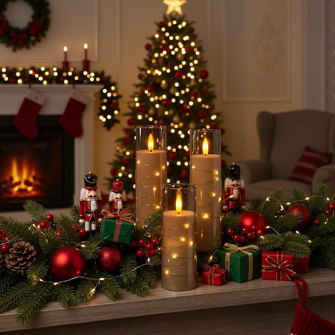 Raycare Flameless Candle with Remote Timer, 3 Flickering Acrylic Battery Operated LED Pillar Candles with Embedded Star String for Christmas, Home Decor, and as a Gift(Grey)