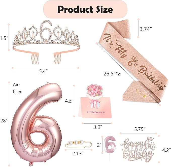 6th Birthday Decorations for Girls, Including 6 year old Birthday Cake Topper, Queen Sash with Pearl Pin, Sweet Rhinestone Tiara Crown, Number Candles and Balloons Set, Rose Gold