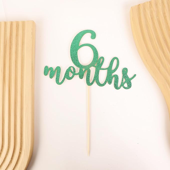 6 Months Cake Topper - Golden Glitter 1/2 Birthday Cake Decorations, Perfect for Baby Shower/Gender Reveal Party/Baby Party Photo Booth Props (Green)