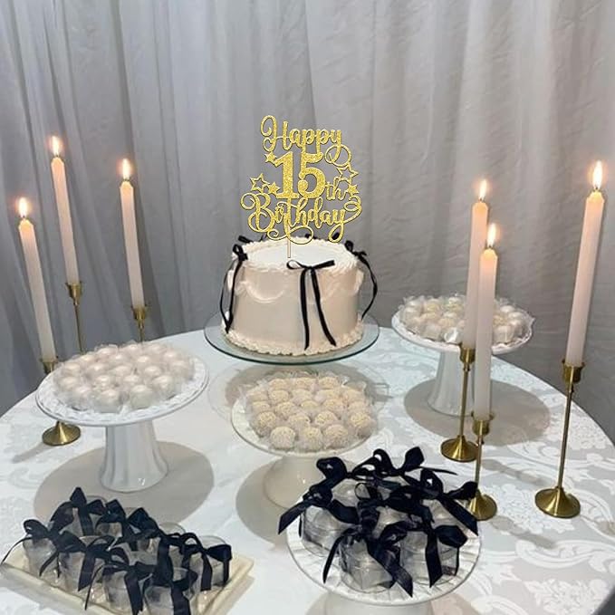 1 PCS Happy 15th Birthday Cake Topper Glitter Cheers to 15 Years Birthday Cake Pick Hello 15 Fabulous Cake Decoration for Happy 15th Birthday Anniversary Party Decorations Supplies Gold