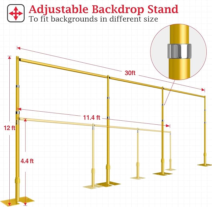 EMART Backdrop Stand Heavy Duty 12ftx30ft, Adjustable Pipe and Drape Photo Background Support Kit, Metal Frame with Flat Base for Wedding Birthday Party Banquet Decorations-Gold