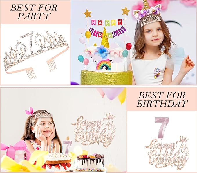 7th Birthday Decorations for Girls, Including 7 year old Birthday Cake Topper, Queen Sash with Pearl Pin, Sweet Rhinestone Tiara Crown, Number Candles and Balloons Set, Rose Gold