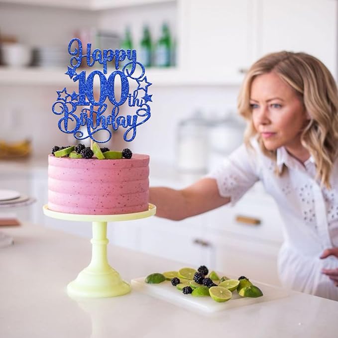 1 PCS Happy 100th Birthday Cake Topper Glitter Cheers to 100 Years Birthday Cake Pick Hello 100 Fabulous Cake Decoration for Happy 100th Birthday Anniversary Party Decorations Supplies Blue