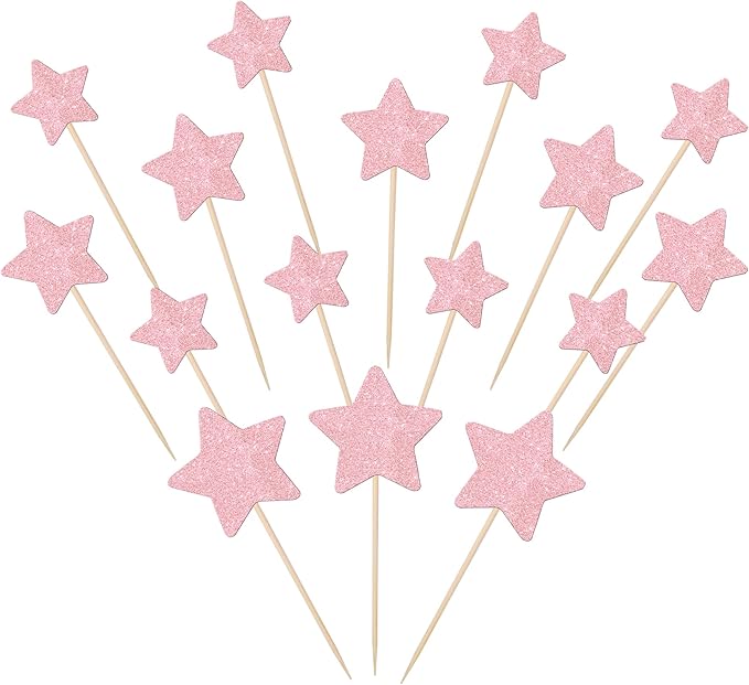30 PCS Star Cupcake Toppers Glitter Assembled Twinkle Star Cupcake Picks Wedding Engagement Bridal Shower Birthday Party Cake Decorations Supplies Mixed Size Light Pink