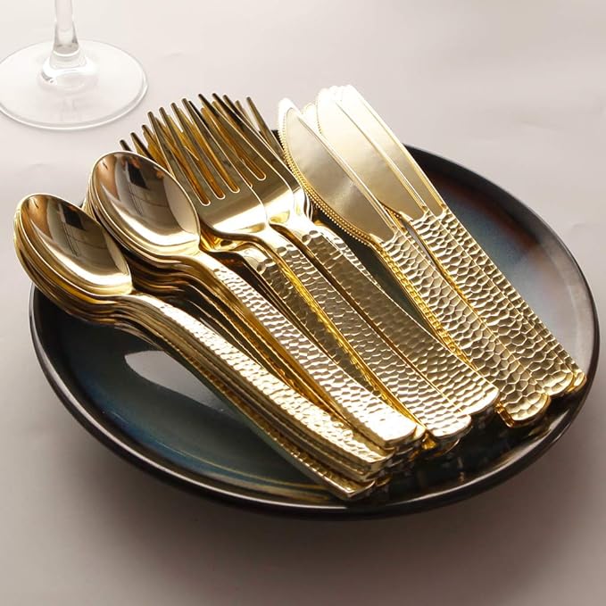 Nervure 300PCS Gold Hammered Plastic Silverware - Heavy Duty Plastic Cutlery - Gold Disposable Utensils Includes 100 Forks, 100 Knives, 100 Spoons Perfect for Wedding & Party