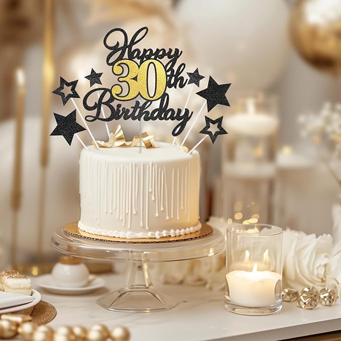 Happy 30th Birthday Cake Toppers, Black Gold Glitter Cake Decorations Set, 30th Birthday Decor for Him Her, Birthday Anniversary Party Decorations Supplies