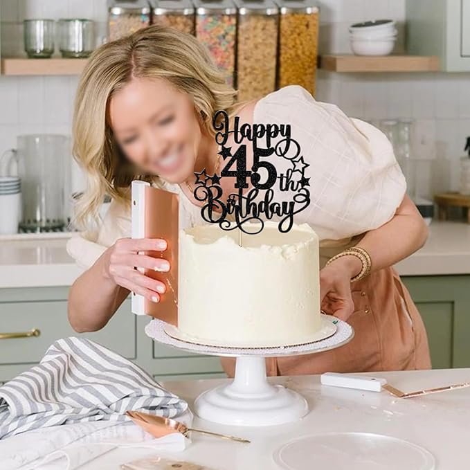 1 PCS Happy 45th Birthday Cake Topper Glitter Cheers to 45 Years Birthday Cake Pick Hello 45 Fabulous Cake Decoration for Happy 45th Birthday Anniversary Party Decorations Supplies Black