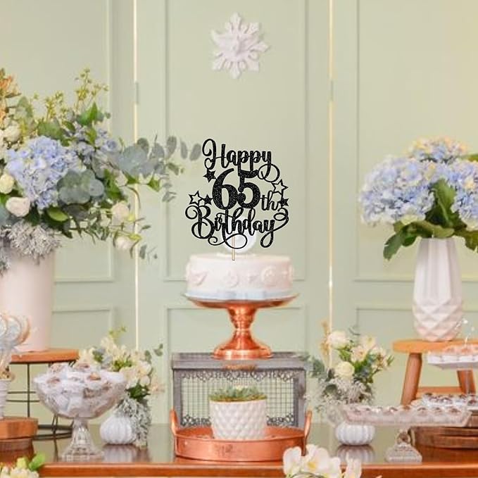 1 PCS Happy 65th Birthday Cake Topper Glitter Cheers to 65 Years Birthday Cake Pick Hello 65 Fabulous Cake Decoration for Happy 65th Birthday Anniversary Party Decorations Supplies Black