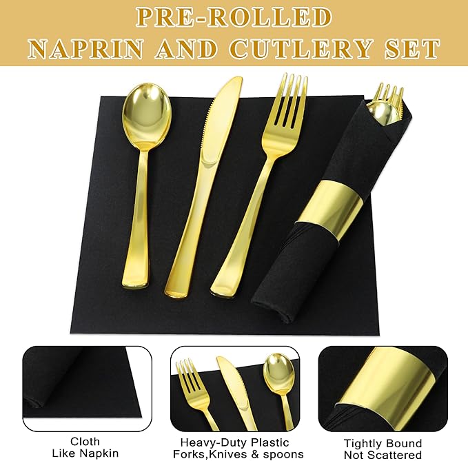 50 Pack Pre Rolled Gold Plastic Silverware Set,Wrapped Plastic Cutlery Set with Napkin Include 50 Forks,50 Spoons,50 Knives and 50 Black Napkins for Party, Wedding,Christmas