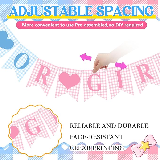 1 Pcs Blue Pink Gingham Boy or Girl Clothesline Bodysuit Banner for Party Decorations Pre Strung Baby Shower Gender Reveal Paper Banner for Table, Wall, Mantel Display Party Decor Supplies