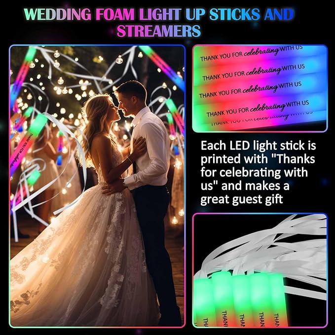 50 Pack Colorful LED Party Foam Light Sticks Batons with Triple Ribbon Christmas Holiday Celebrating Wands 3 Color Lighting Modes for Guests Send off, Wedding, Festivals, Birthday Party