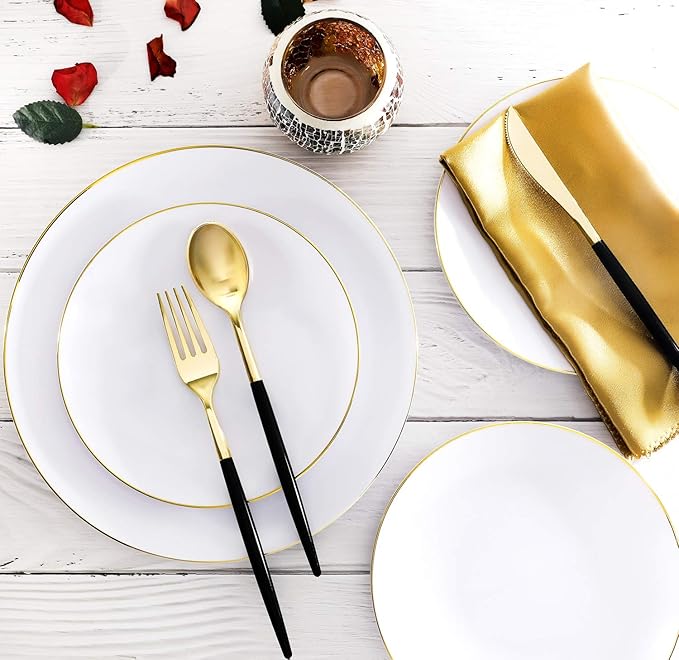 Supernal 102pcs Gold Plastic Silverware, Golden Cutlery with Black Handle, Disposable Flatware Collection, Includes 34 Plastic Forks and Spoons and Knives Ideal for Weddings, Parties, and Birthdays