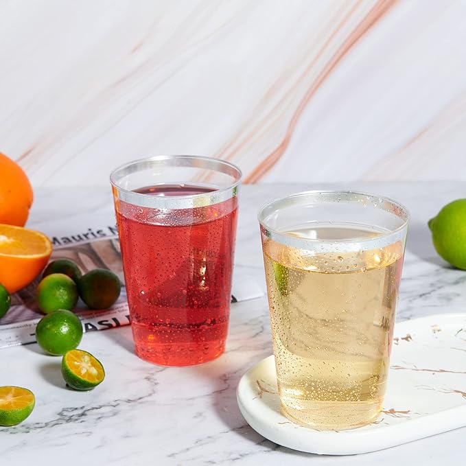 Vplus 150 Pack 12 OZ Reusable Silver Rimmed Clear Plastic Cups, Disposable Heavy Duty Plastic Cups for Party, Christmas, Wedding, Thanksgiving, Halloween