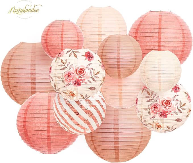 NICROLANDEE Wedding Party Decorations - 12PCS Rose Gold Vintage Floral Paper Lantern Hanging Decorations for Bridal Shower Anniversary Baby Shower Bachelorette Birthday, Valentines Day Party Decor