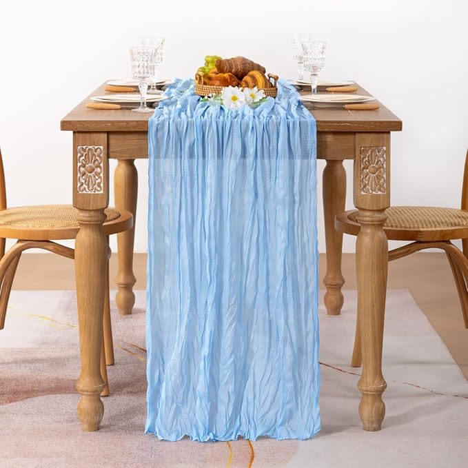 MLMC Light Blue Table Runner Baby Blue Cheesecloth Table Runner 10ft Baby Shower Decorations Rustic Gauze Cheese Cloth Centerpiece 35x120 Inches for Gender Reveal Birthday Party Wedding Decor