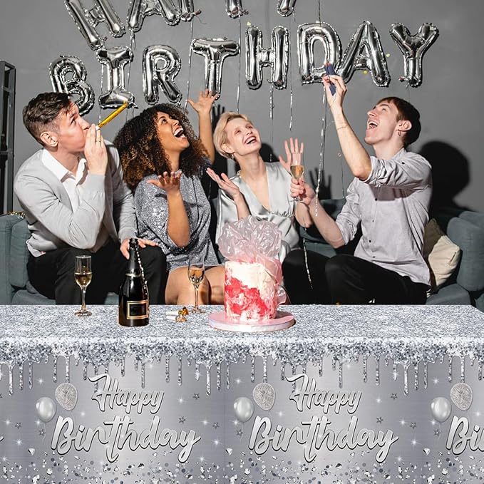 Happy Birthday Tablecloth,3pcs Sliver Table Cloths for Parties Glitter Sliver Birthday Decoration for Women Men’s 18th 21st 30th 40th 60th 70th Birthday Party Supplies