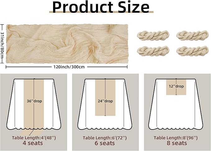 FEXIA 4 Pack Beige Table Runner 35x120 Inches for Baby Shower Decoration Gauze Rustic Table Runner for Wedding Party First Communion Centerpiece Engagement Bridal Shower Boho Decoration