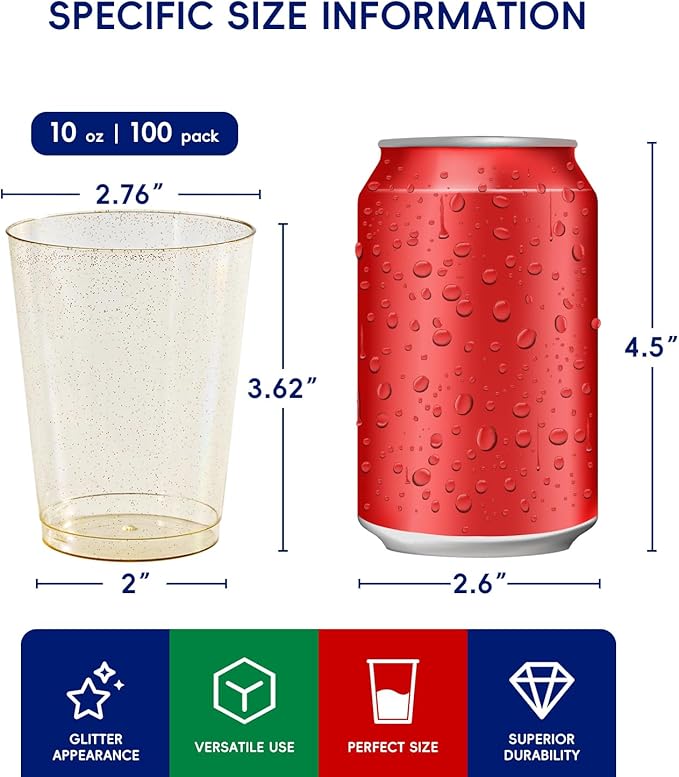 JOLLY CHEF 100 Pack 10 oz Gold Glitter Plastic Party Cups, Disposable Plastic Tumblers, Gold Drinking Glasses with Glitter Suitable for Wedding, Thanksgiving Day, Christmas Halloween