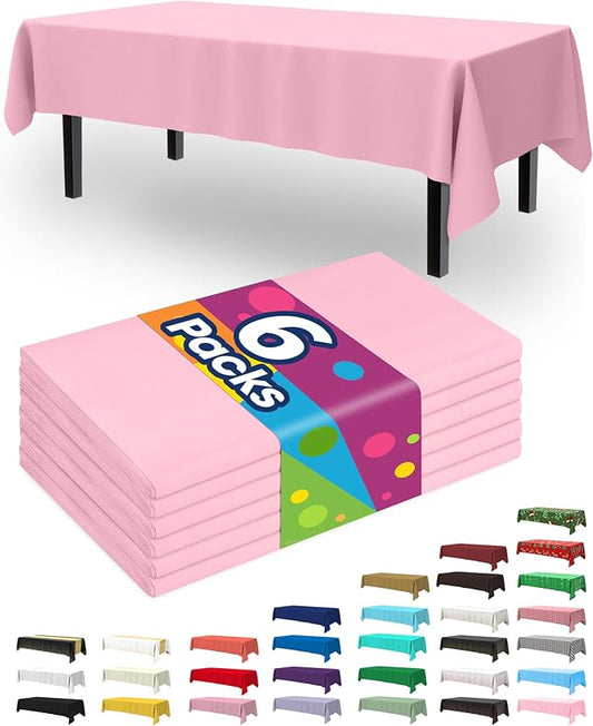 Pureegg Plastic Table Cloth Disposable 6 Pack, 54 x 108 Inch Table Cloths, Easter Party, Valentines, Mothers Day Decorations, Tablecloths, Rectangle, Pastel Plastic Cover, Waterproof, Pink