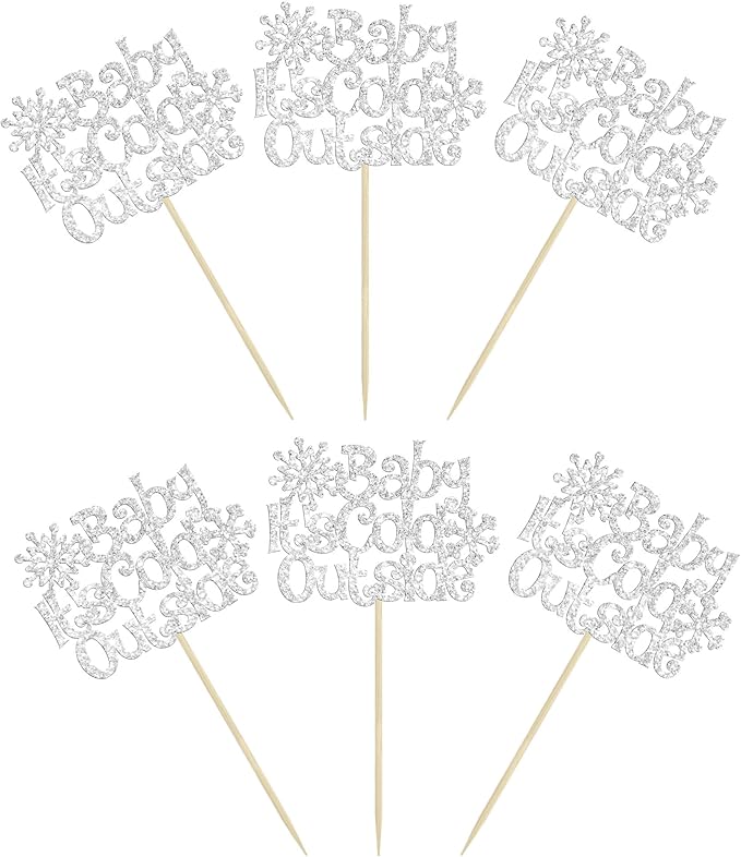 24Pcs Baby It's Cold Outside Snowflake Cupcake Toppers Glitter Winter Frozen Cupcake Picks for Winter Wonderland Baby Shower Birthday Party Cake Decorations Supplies Silver