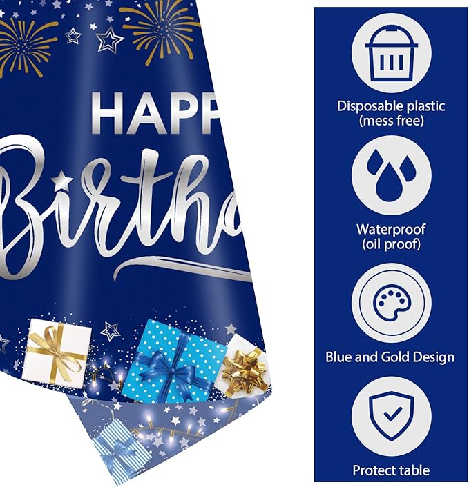 DUAIAI Happy Birthday Decorations, 3 Pcs Navy Blue and Silver Birthday Tablecloth for Boys Girls Men Women, Plastic Disposable Rectangle Table Cover for Birthday Party Supplies- 54" x 108"