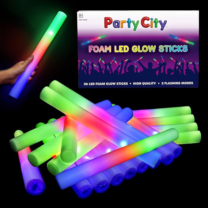 Party City 36pk LED Foam Glow Sticks 14”- Glow in the Dark Party Supplies Favors, Colorful Flashing Wand with 3 Modes, Foam Light Up Sticks Bulk Party Pack for Wedding, Birthday, Concert